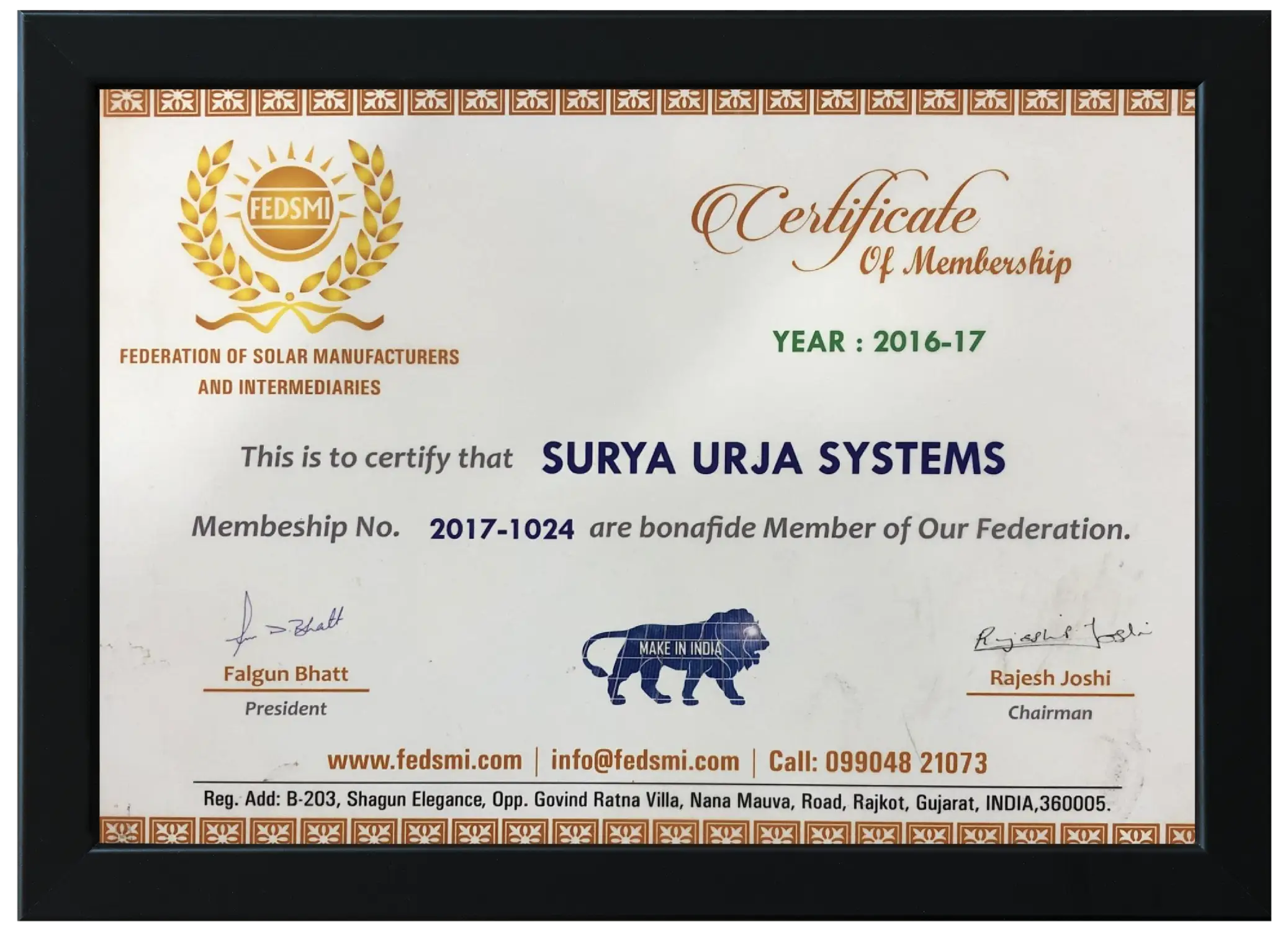 Certificate of Membership — Federation of Solar Manufacturers & Intermediaries, 2016–17