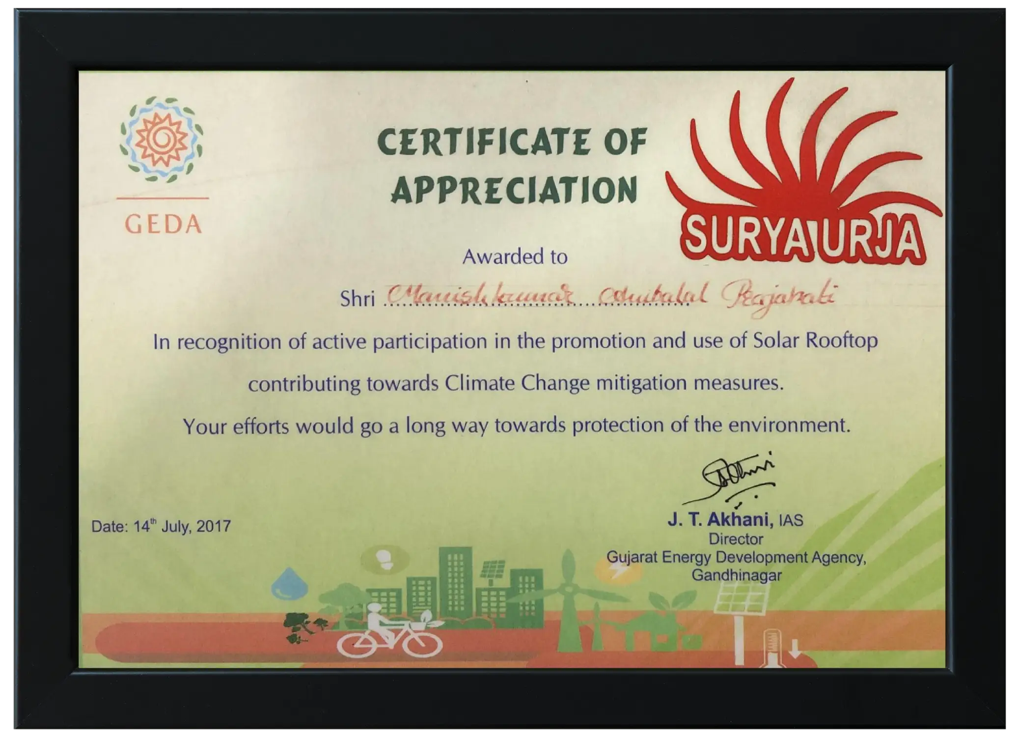 Certificate of Appreciation — Gujarat Energy Development Agency (GEDA), 2017