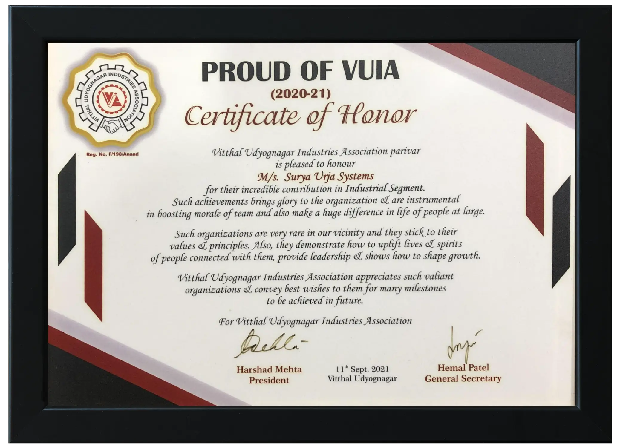 Proud of VUIA — Certificate of Honor — Vitthal Udyognagar Industries Association, 2020–21