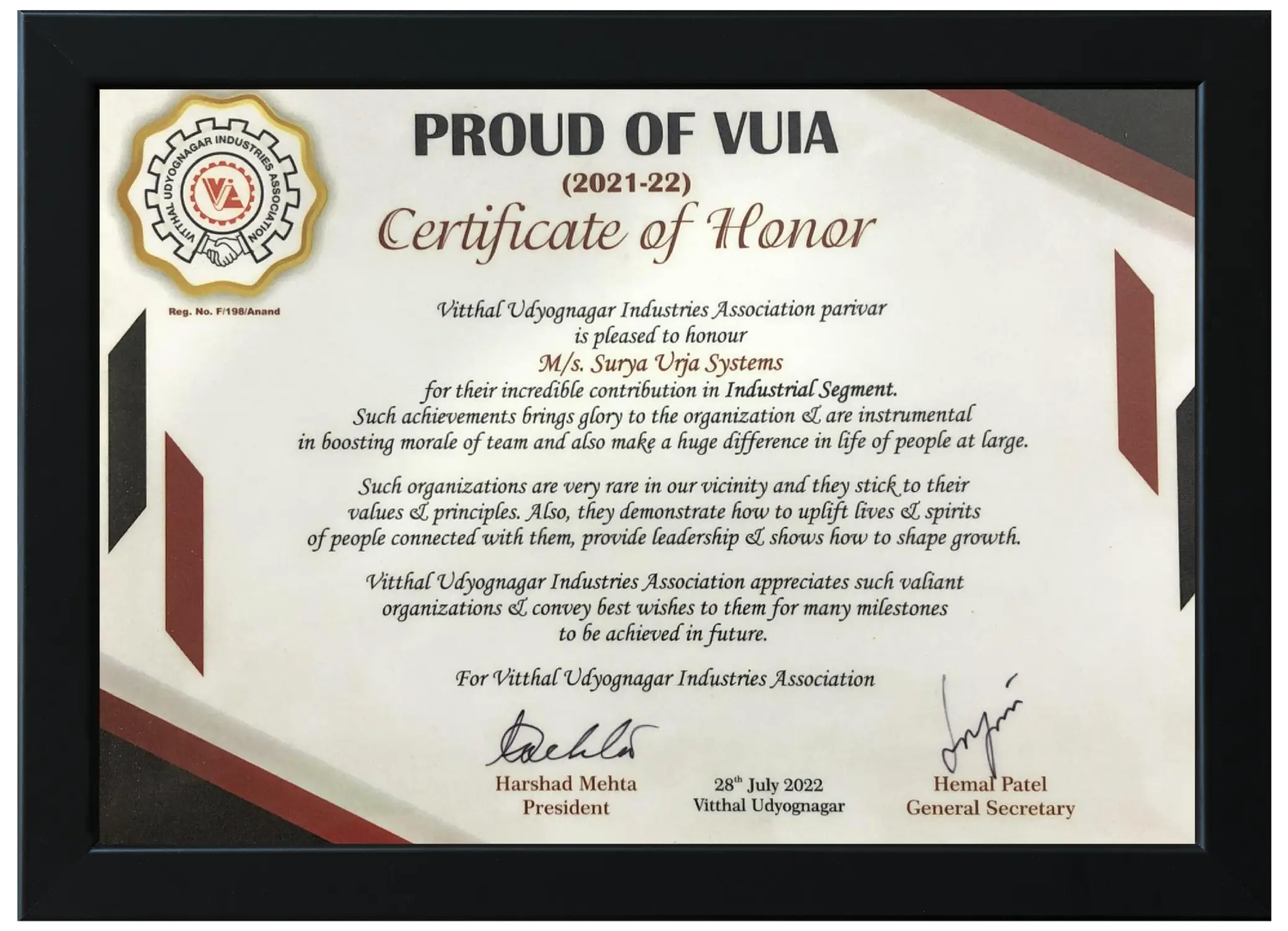 Proud of VUIA — Certificate of Honor — Vitthal Udyognagar Industries Association, 2021–22