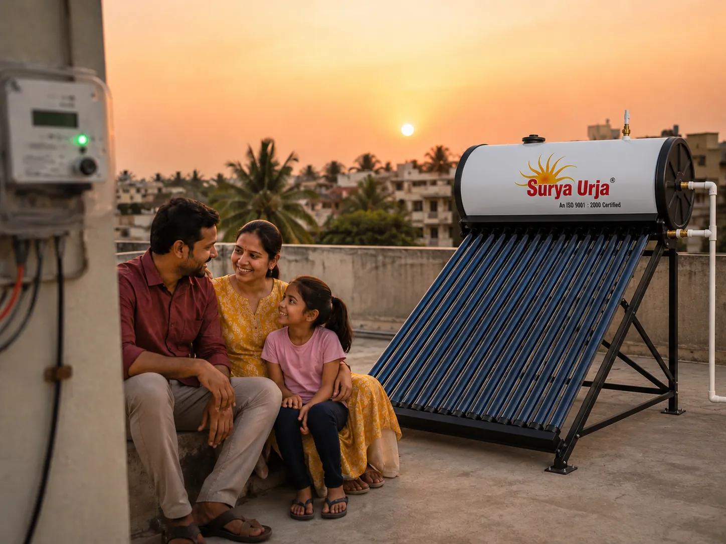 A family on their rooftop beside a Surya Urja solar water heater at sunset