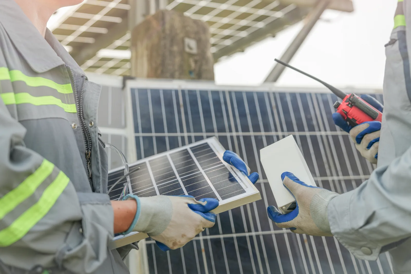 Technicians performing quality testing on a solar panel